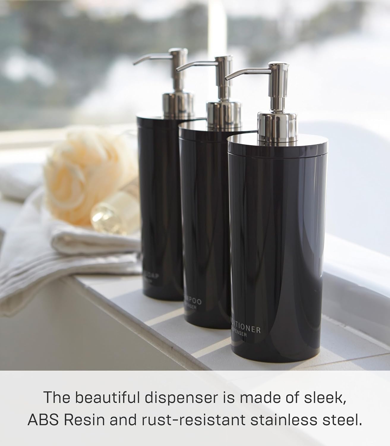 image:imageYamazaki Home Tower Shower Dispenser Contemporary Bottle Pump Conditioner Abs Plastic 169 Fluid Oz 500 MlBlack