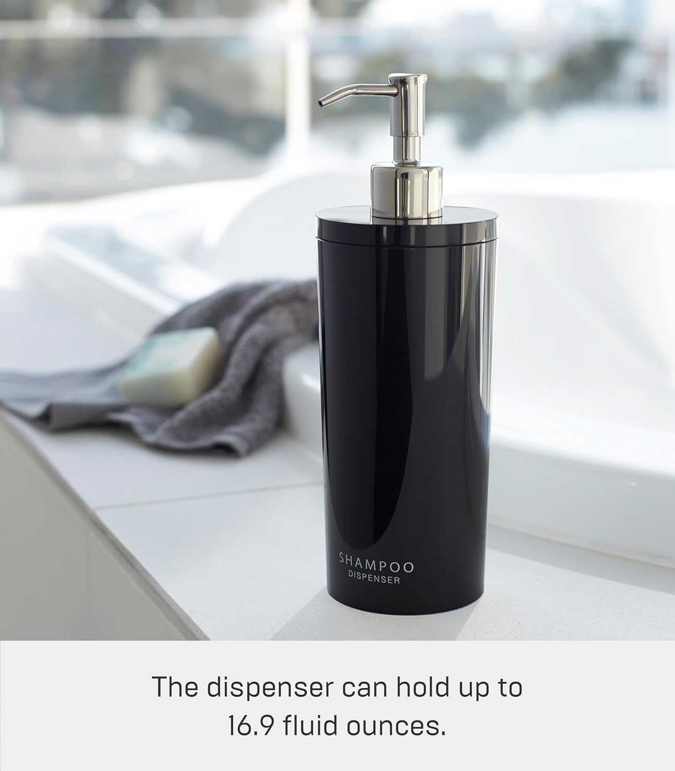 image:imageYamazaki Home Tower Shower Dispenser Contemporary Bottle Pump Conditioner Abs Plastic 169 Fluid Oz 500 MlBlack