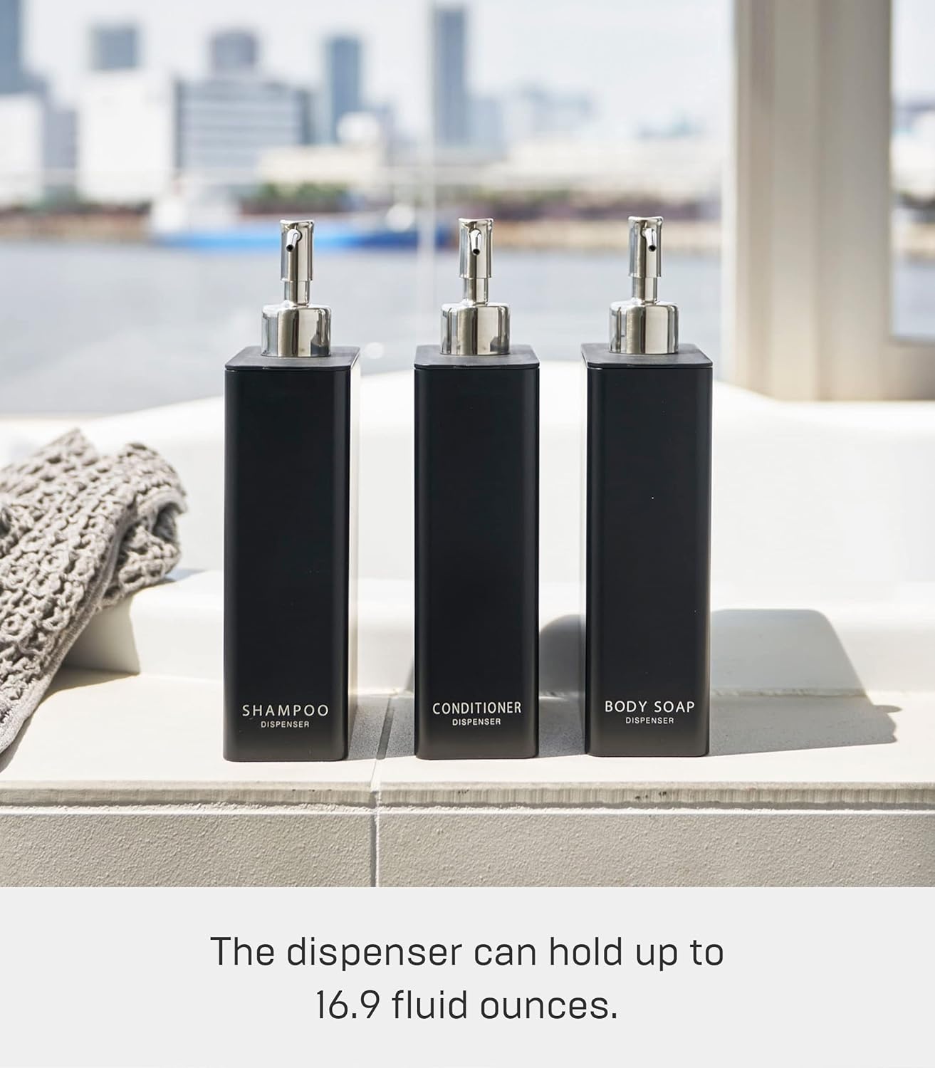 image:imageYamazaki Home Tower Shower Dispenser Contemporary Bottle Pump Conditioner Abs Plastic 24 Fluid Oz 700 MlBlack