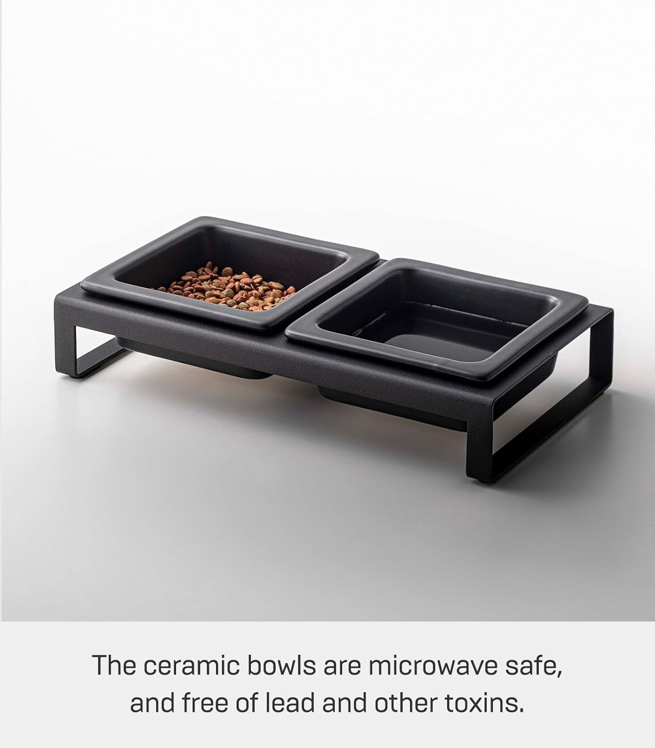 image:imageYamazaki Home Tower Steel and Ceramic Pet Food Stand 2 Bowls for Food and Water Feeder for Small Cats and Dogs NonSlip Tall 125 Cups 300 Milliliters Per BowlBlack
