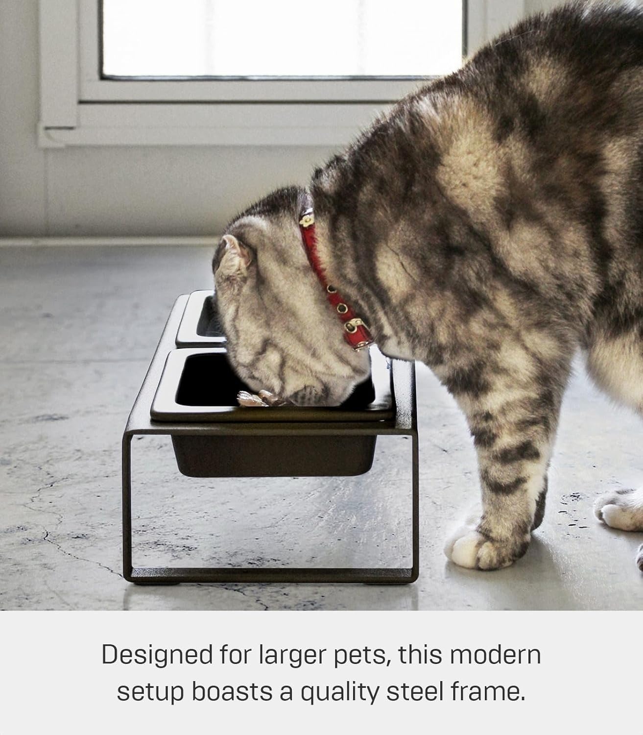 image:imageYamazaki Home Tower Steel and Ceramic Pet Food Stand 2 Bowls for Food and Water Feeder for Small Cats and Dogs NonSlip Tall 125 Cups 300 Milliliters Per BowlBlack