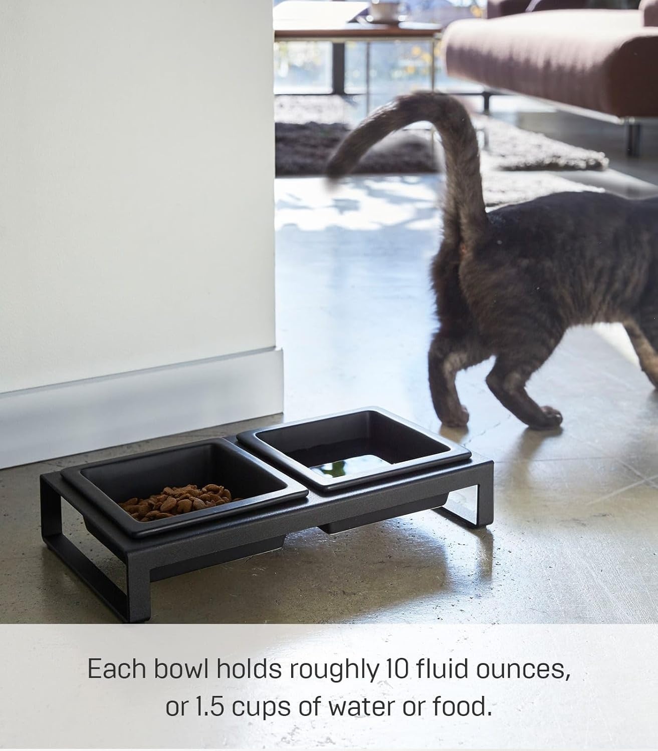 image:imageYamazaki Home Tower Steel and Ceramic Pet Food Stand 2 Bowls for Food and Water Feeder for Small Cats and Dogs NonSlip Tall 125 Cups 300 Milliliters Per BowlBlack