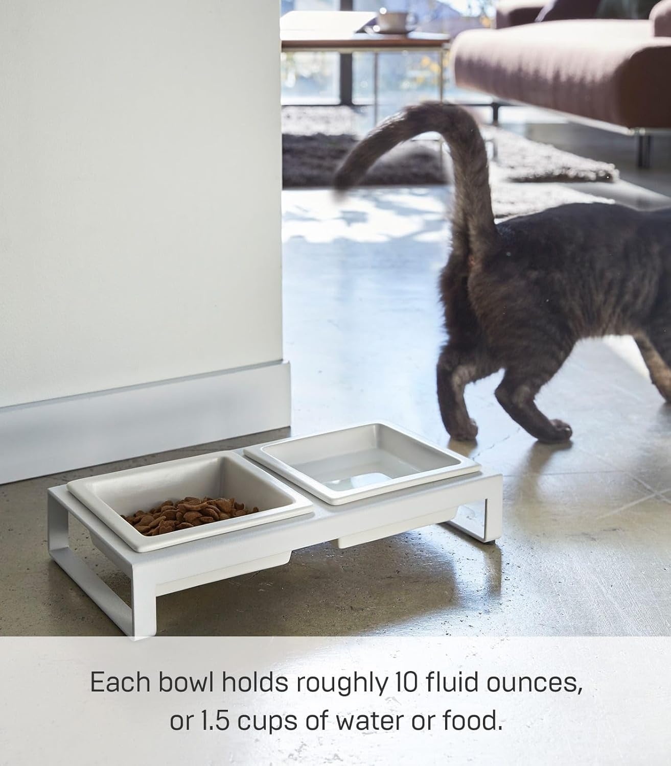 image:imageYamazaki Home Tower Steel and Ceramic Pet Food Stand 2 Bowls for Food and Water Feeder for Small Cats and Dogs NonSlip Tall 125 Cups 300 Milliliters Per BowlWhite