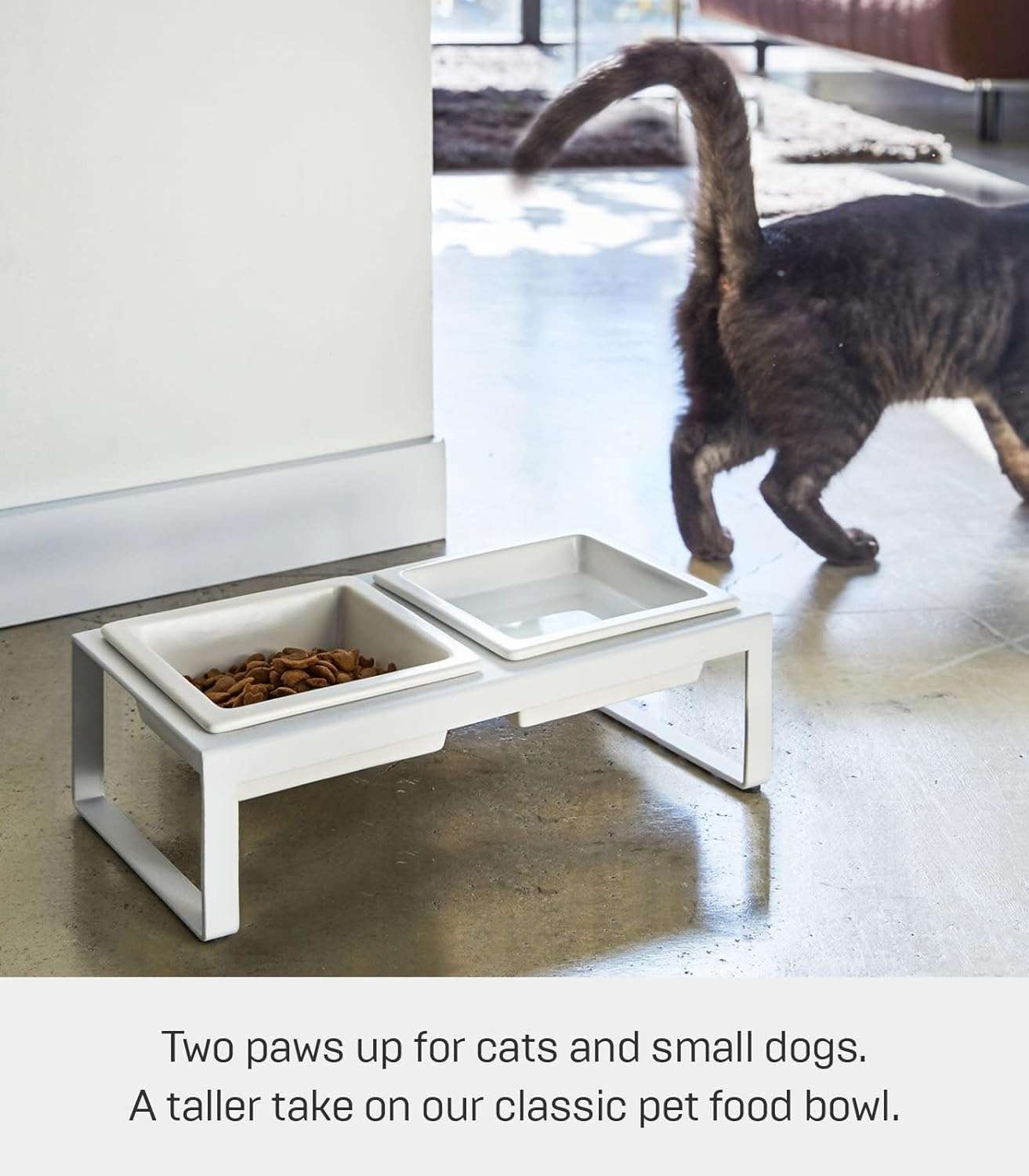 image:imageYamazaki Home Tower Steel and Ceramic Pet Food Stand 2 Bowls for Food and Water Feeder for Small Cats and Dogs NonSlip Tall 125 Cups 300 Milliliters Per BowlWhite