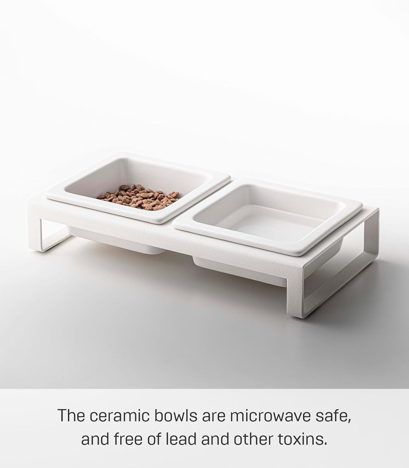 image:imageYamazaki Home Tower Steel and Ceramic Pet Food Stand 2 Bowls for Food and Water Feeder for Small Cats and Dogs NonSlip Tall 125 Cups 300 Milliliters Per BowlWhite