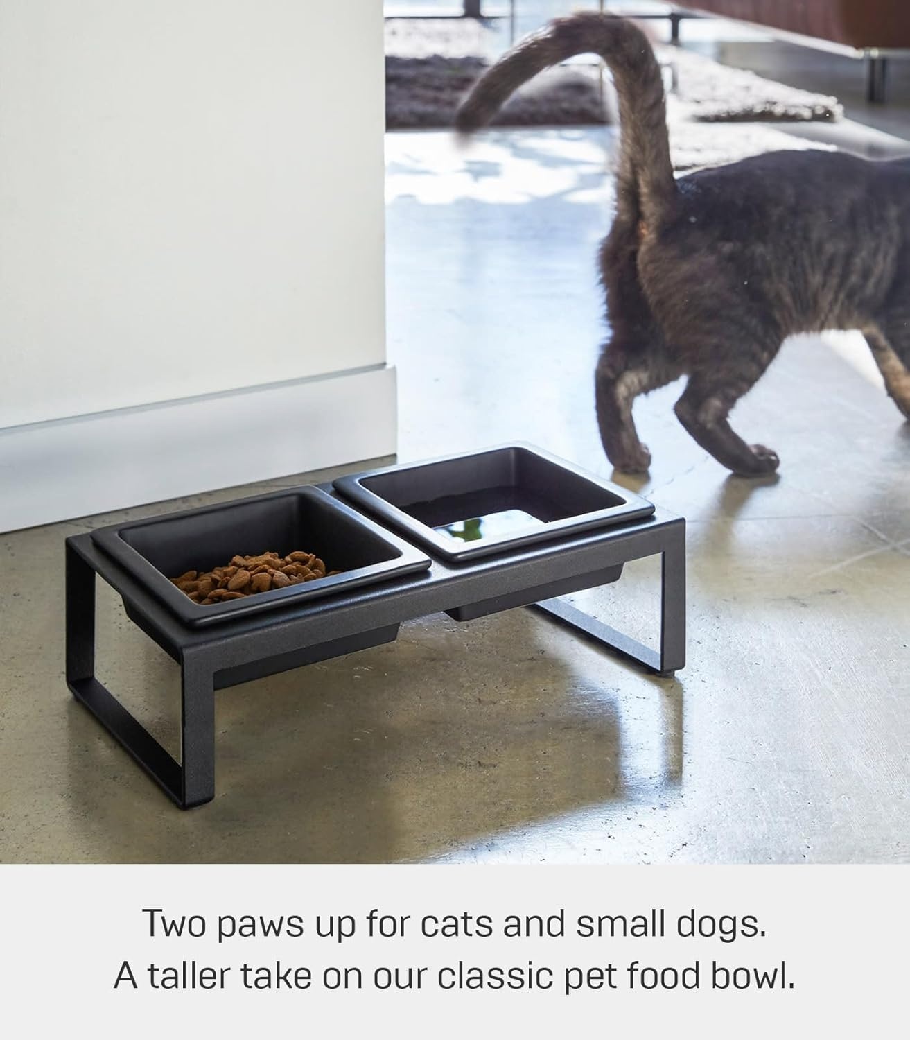 image:imageYamazaki Home Tower Steel and Ceramic Pet Food Stand 2 Bowls for Food and Water Feeder for Small Cats and Dogs NonSlip Tall 125 Cups 300 Milliliters Per BowlBlack