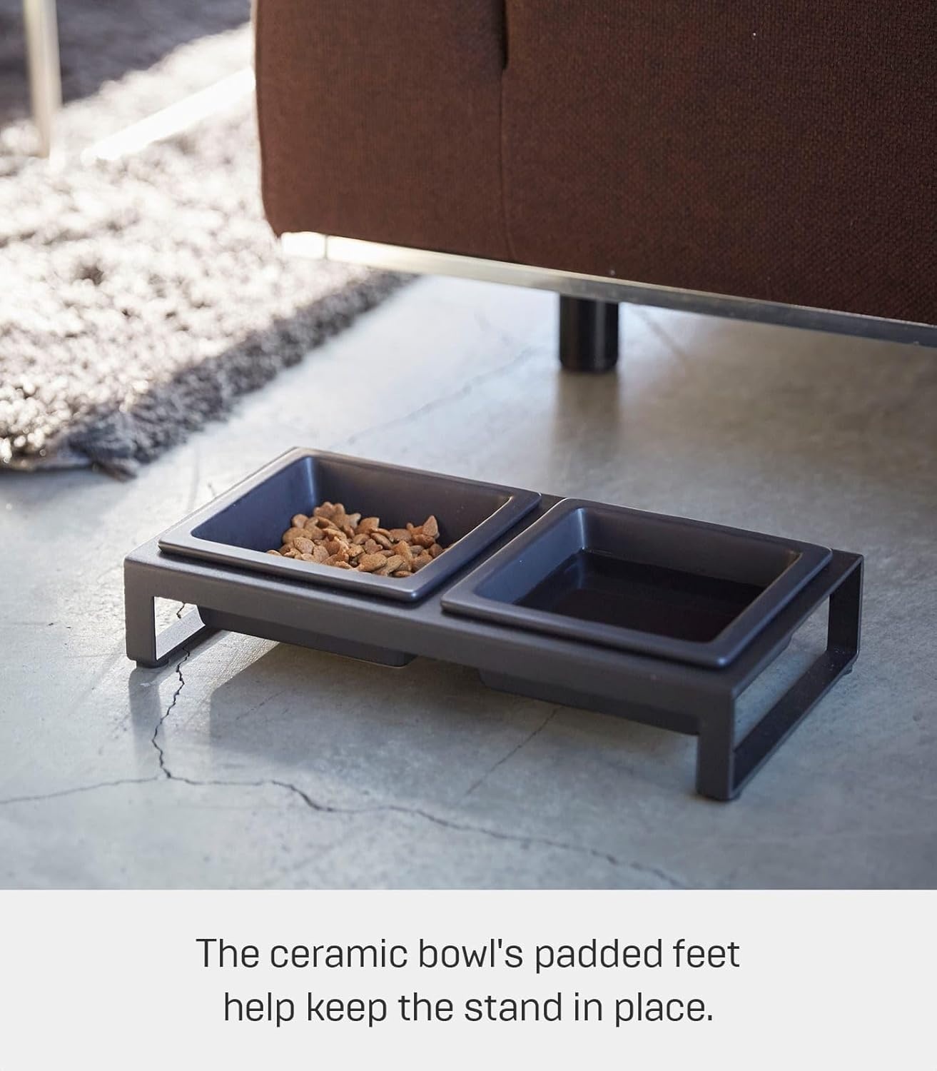 image:imageYamazaki Home Tower Steel and Ceramic Pet Food Stand 2 Bowls for Food and Water Feeder for Small Cats and Dogs NonSlip Tall 125 Cups 300 Milliliters Per BowlBlack