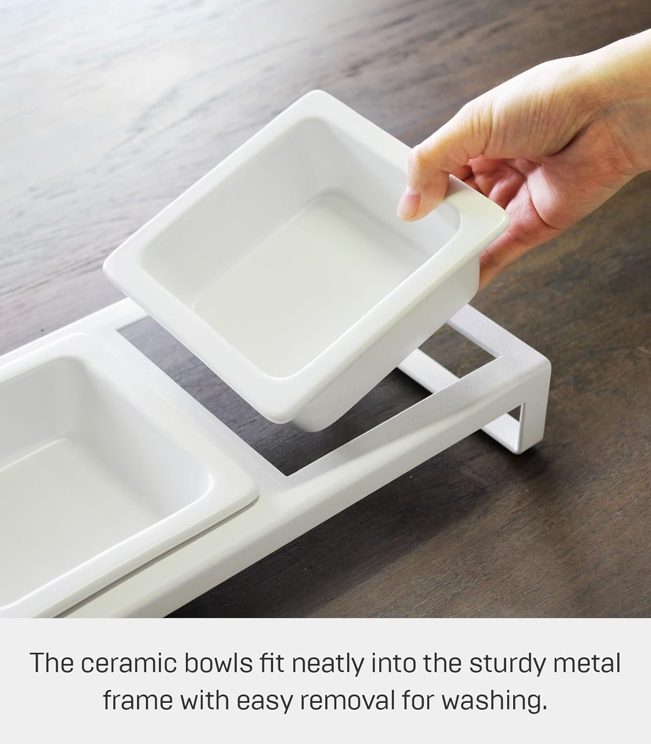 image:imageYamazaki Home Tower Steel and Ceramic Pet Food Stand 2 Bowls for Food and Water Feeder for Small Cats and Dogs NonSlip Tall 125 Cups 300 Milliliters Per BowlWhite