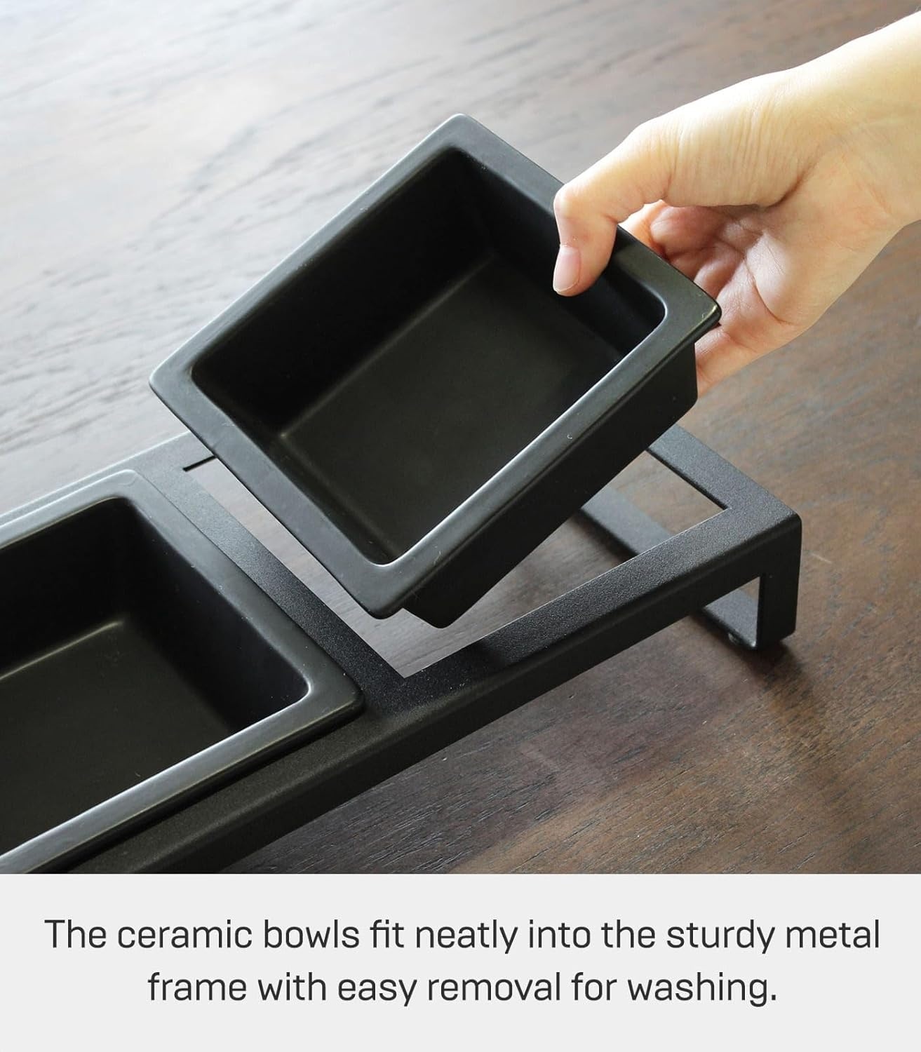 image:imageYamazaki Home Tower Steel and Ceramic Pet Food Stand 2 Bowls for Food and Water Feeder for Small Cats and Dogs NonSlip Tall 125 Cups 300 Milliliters Per BowlBlack