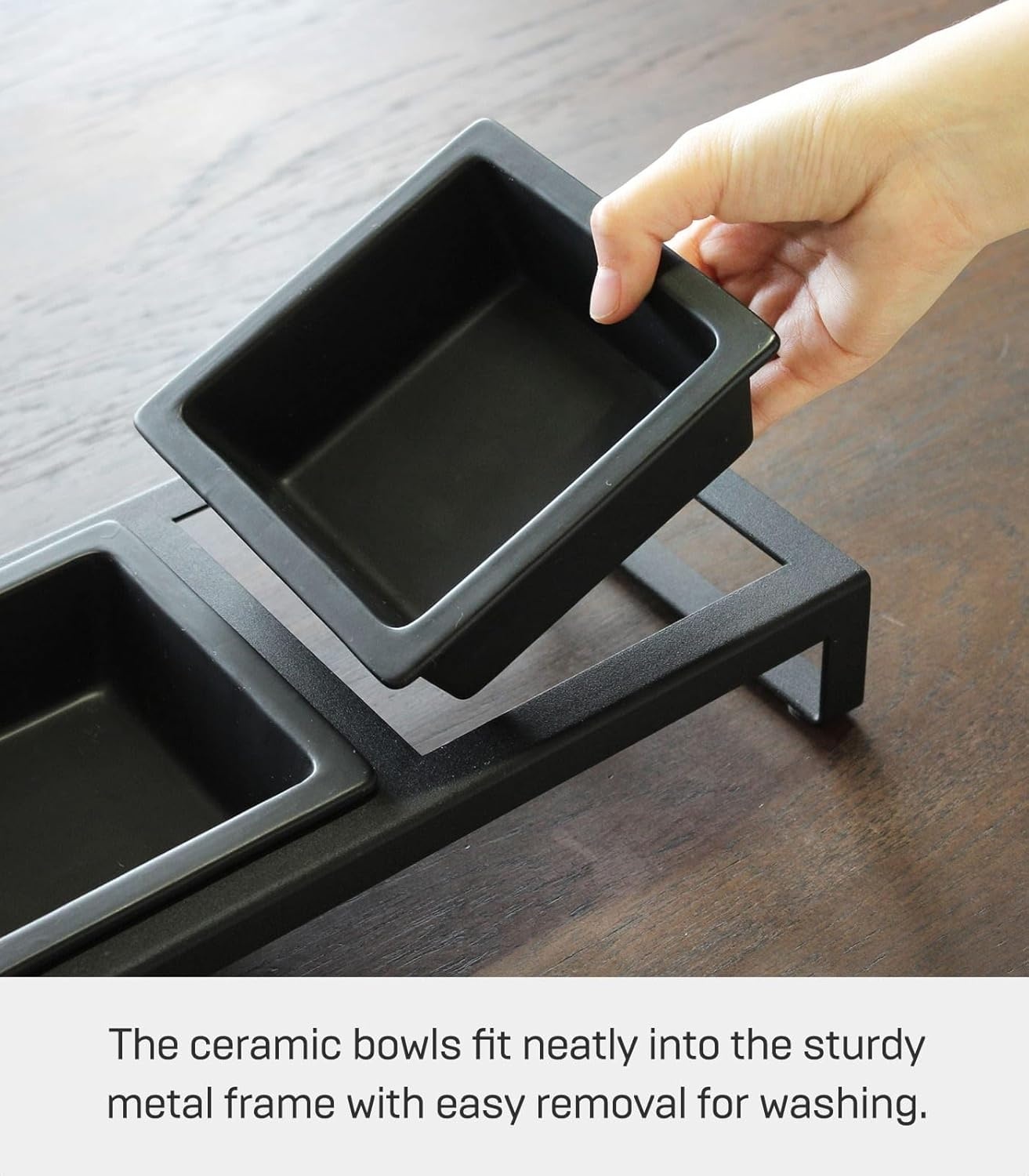 image:imageYamazaki Home Tower Steel and Ceramic Pet Food Stand 2 Bowls for Food and Water Feeder for Small Cats and Dogs NonSlip Tall 125 Cups 300 Milliliters Per BowlBlack