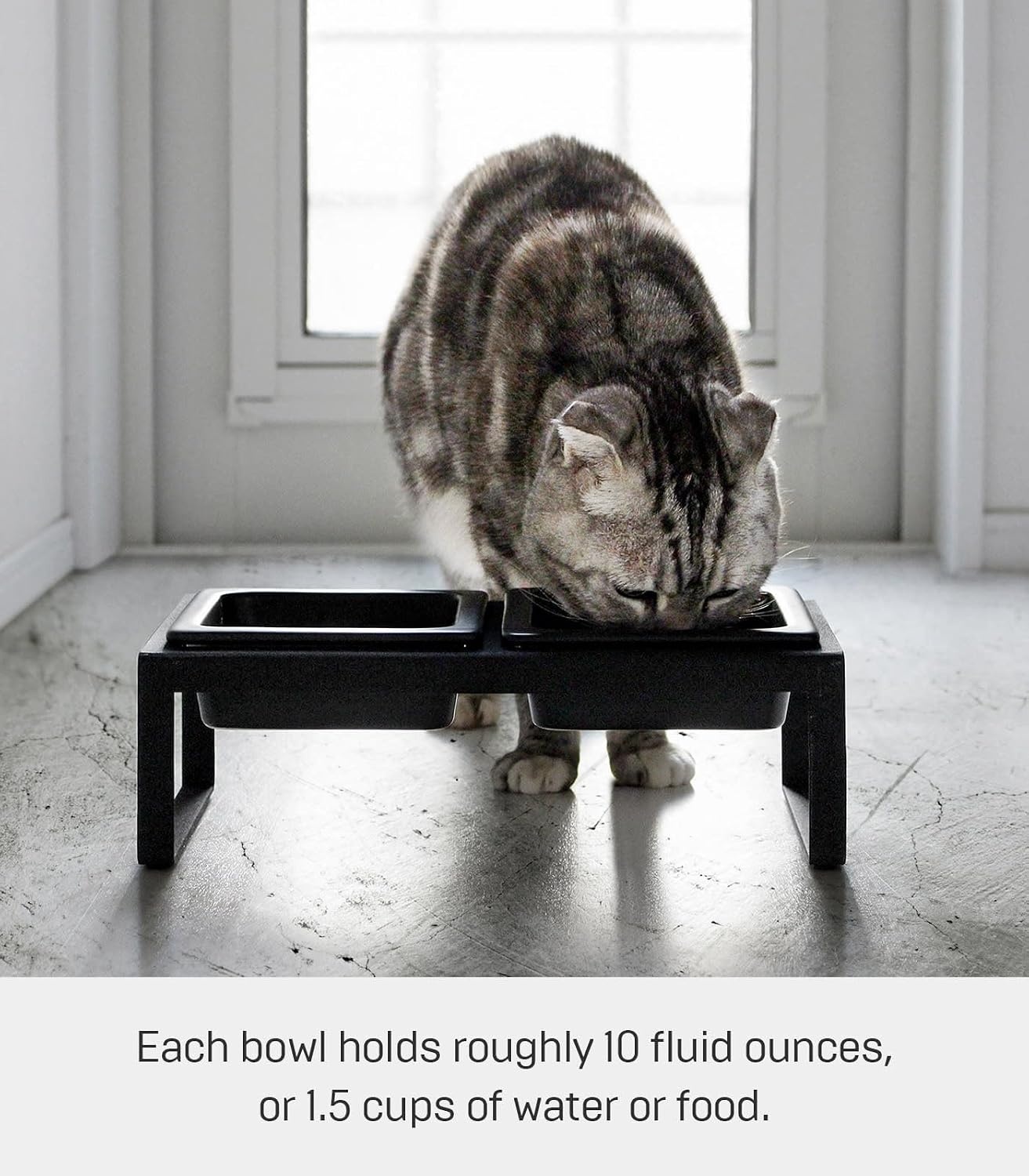 image:imageYamazaki Home Tower Steel and Ceramic Pet Food Stand 2 Bowls for Food and Water Feeder for Small Cats and Dogs NonSlip Tall 125 Cups 300 Milliliters Per BowlBlack
