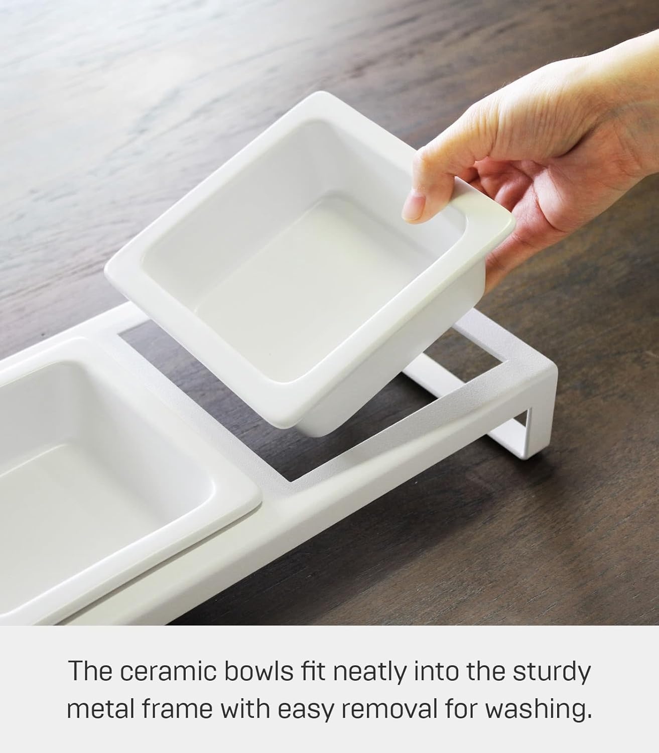 image:imageYamazaki Home Tower Steel and Ceramic Pet Food Stand 2 Bowls for Food and Water Feeder for Small Cats and Dogs NonSlip Tall 125 Cups 300 Milliliters Per BowlWhite