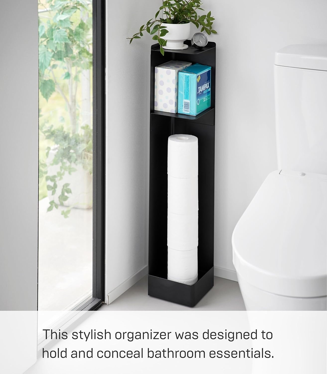 image:imageYamazaki Home Tower Supplies OrganizerSlim Rolling Bathroom Storage Toilet Paper Stocker with Adjustable Shelf Steel Black