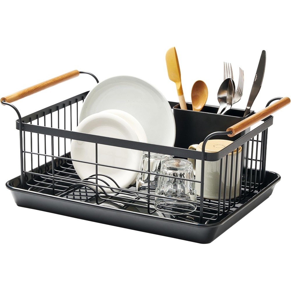image:imageYAMAZAKI Home Dish Drying Rack Modern White Dish Rack for Kitchen Counter with Removable Drying Tray and Cutlery Holder Steel Wood Dish Drying Organizer Steel Wood Black