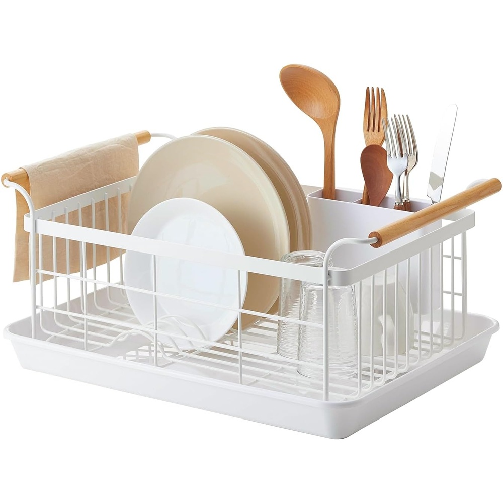 image:imageYAMAZAKI Home Dish Drying Rack Modern White Dish Rack for Kitchen Counter with Removable Drying Tray and Cutlery Holder Steel Wood Dish Drying Organizer Steel Wood White