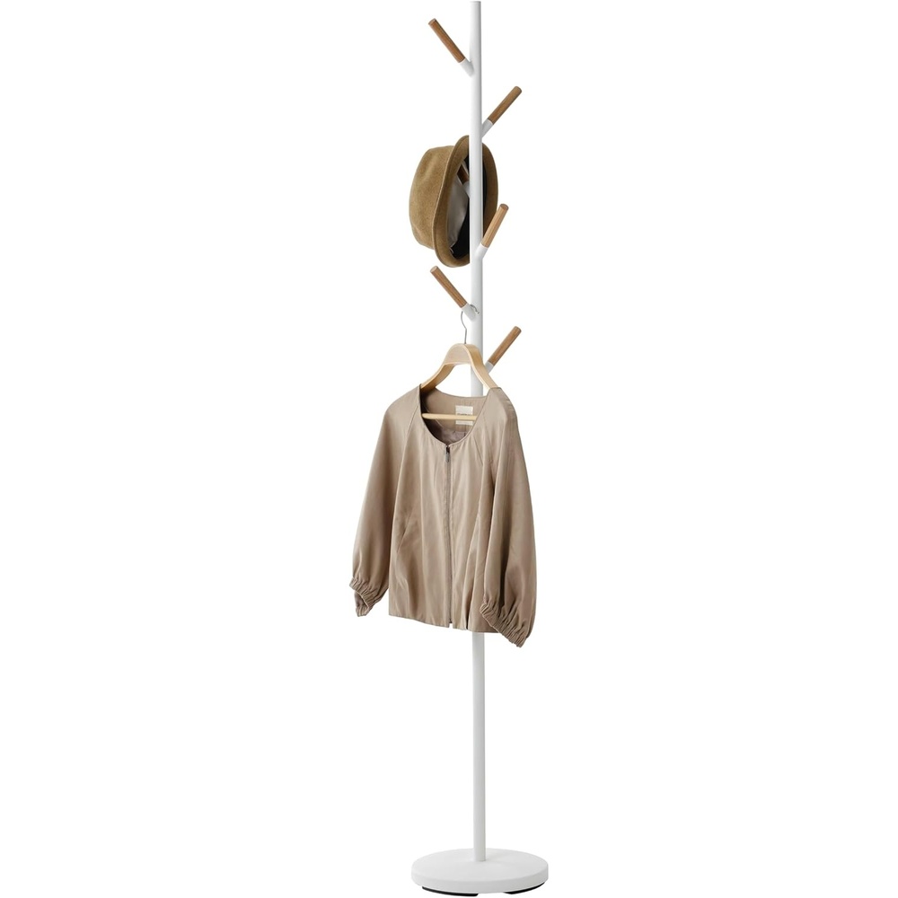 image:imageYAMAZAKI Home Freestanding Coat Rack Stand Modern Coat Tree with Wooden Hooks Standing Coat Hanger for Entryway Sturdy Weighted Base Steel Black Easy AssemblyWhite