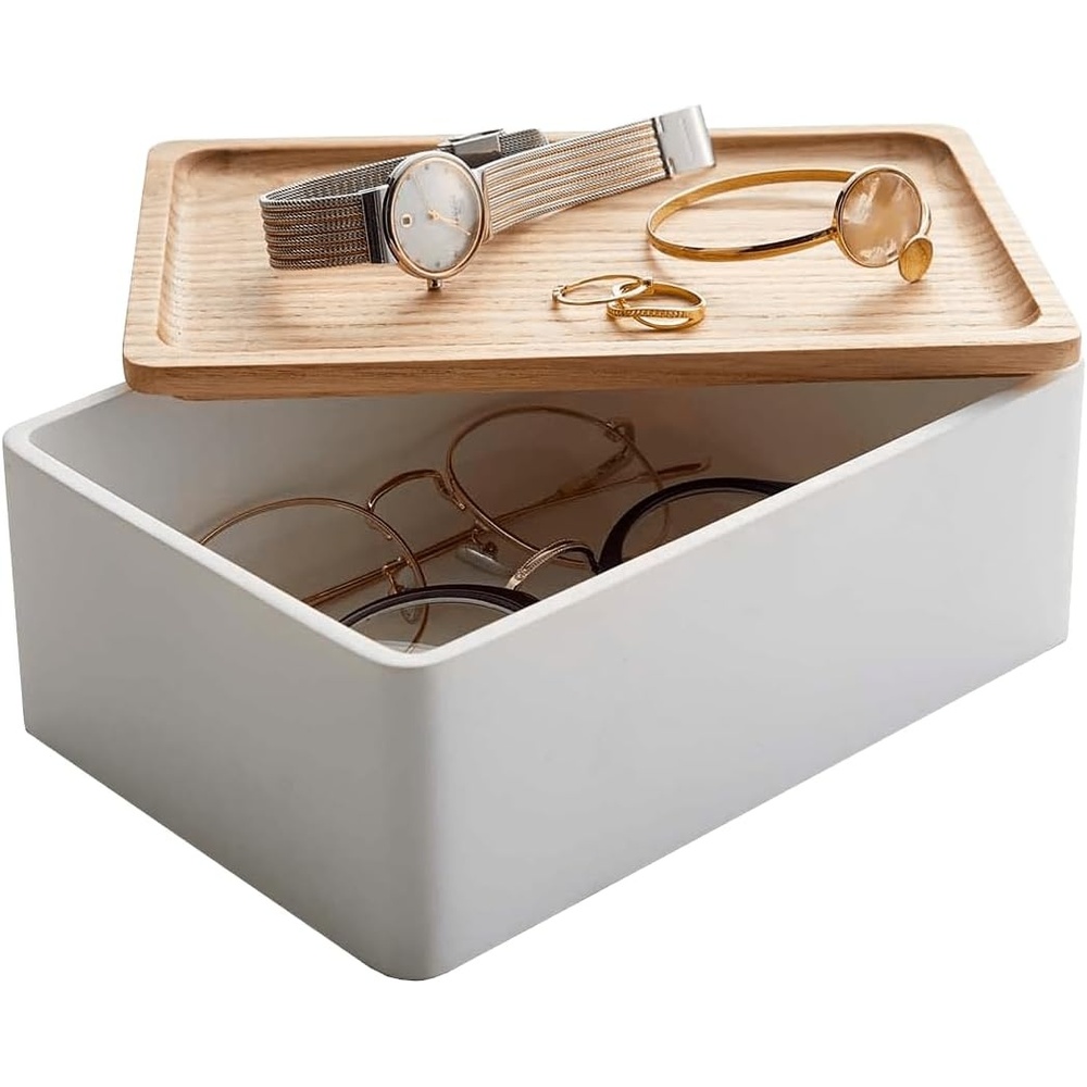 image:imageYAMAZAKI Home Rin Accessory Box With Wooden Lid For Jewelry Watches Or Sunglasses PolystoneAsh