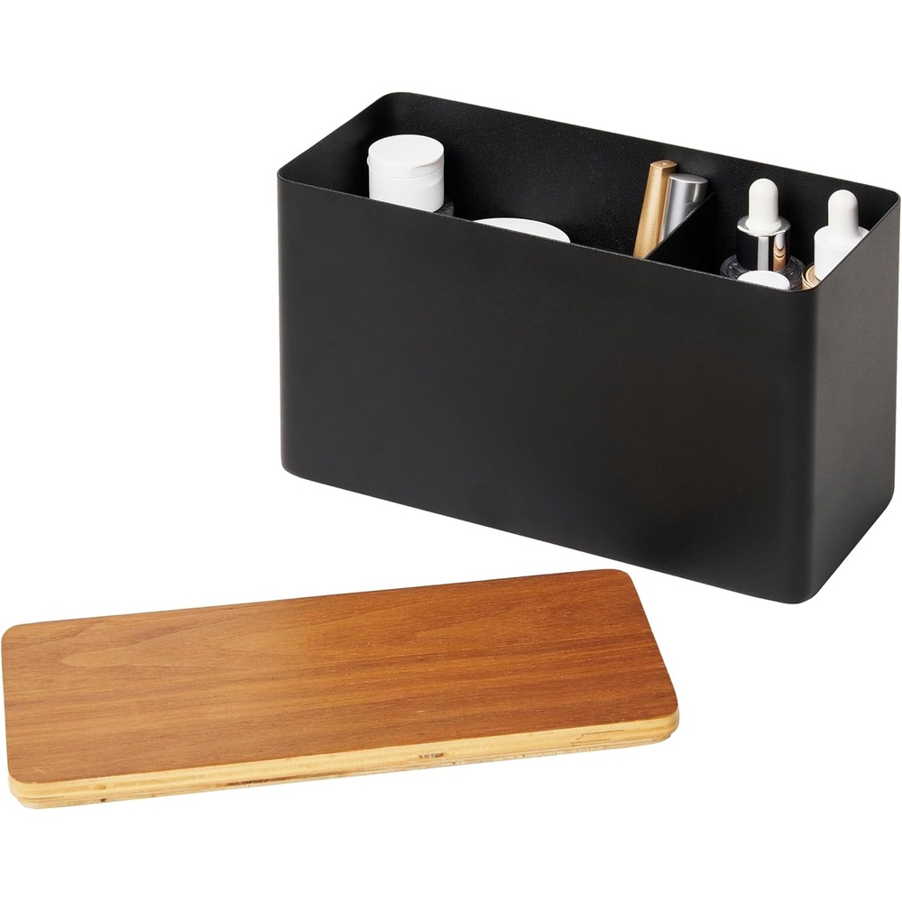 image:imageYAMAZAKI Home Rin Countertop Organizer Bathroom Kitchen Counter Organizer Metal Toiletries Holder Steel WoodBlack