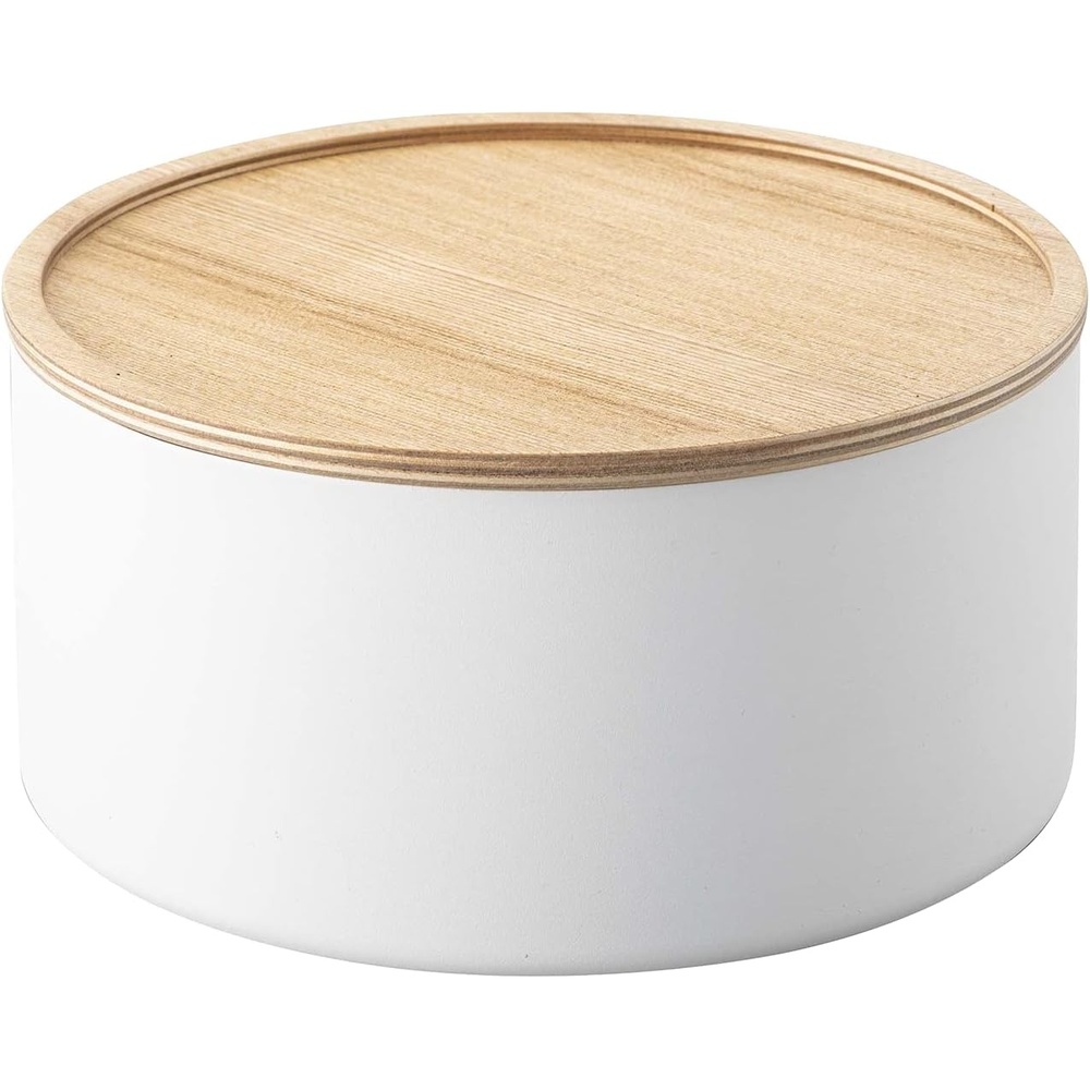 image:imageYAMAZAKI Home Rin Round Storage Case Snacks Toy Or Craft Supplies Holder Sewing Box Organizer Wooden Lid Tray Tall Steel WoodAsh