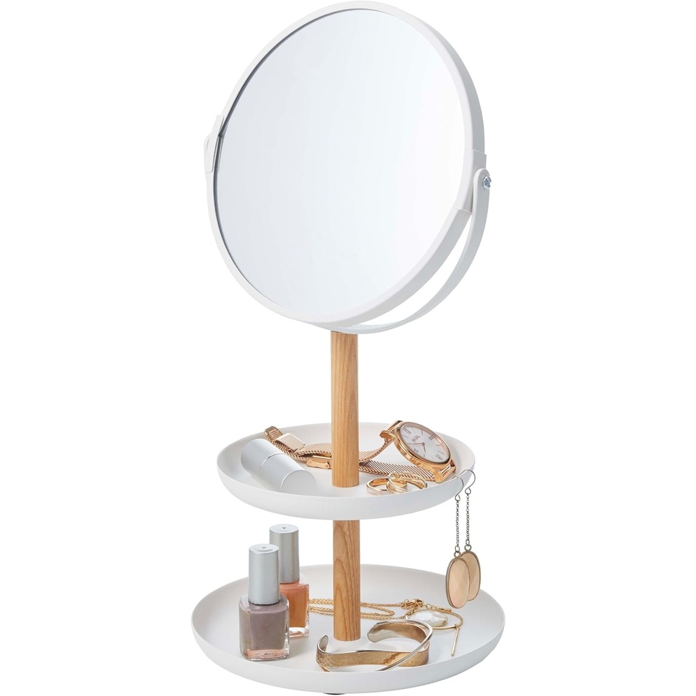 image:imageYAMAZAKI Home Round Standing Mirror with TwoTiered Accessory Trays Bathroom and Bedroom Organizer Steel Wood Mirror Diameter 59 InchesMirror