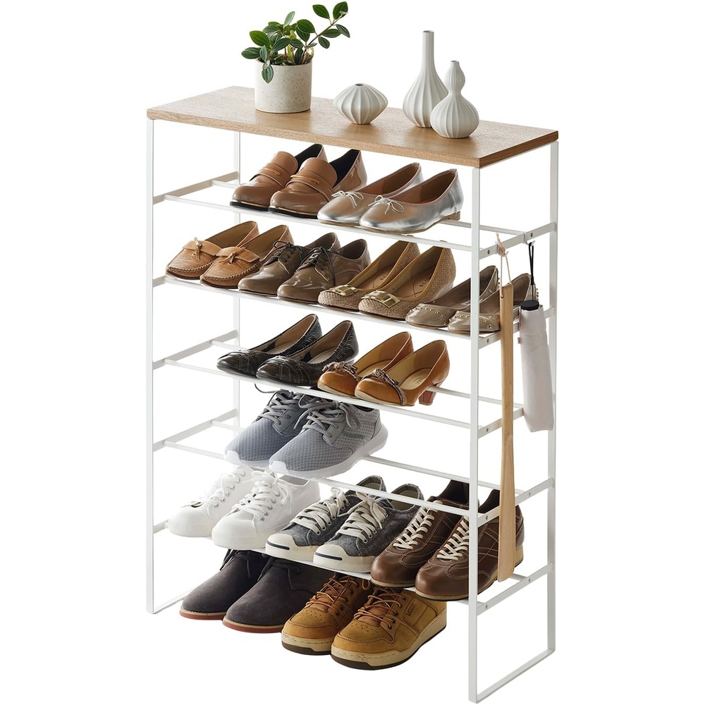 image:imageYAMAZAKI Home SixTier Shoe Organizer Tall Slim Shoe Rack for Entryway or Closet Narrow Metal Shoe Storage with Wooden Top Modern SpaceSaving Design Steel Black Easy AssemblyWhite