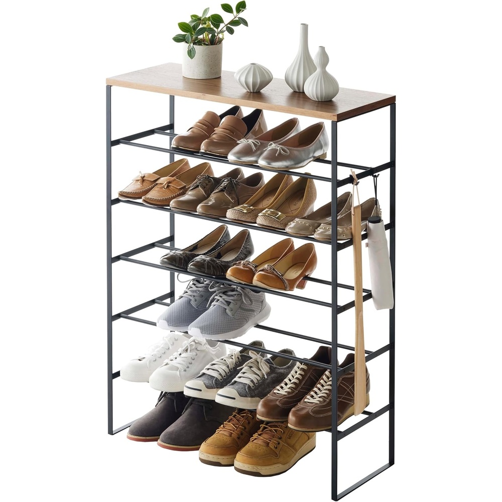 image:imageYAMAZAKI Home SixTier Shoe Organizer Tall Slim Shoe Rack for Entryway or Closet Narrow Metal Shoe Storage with Wooden Top Modern SpaceSaving Design Steel Black Easy AssemblyBlack