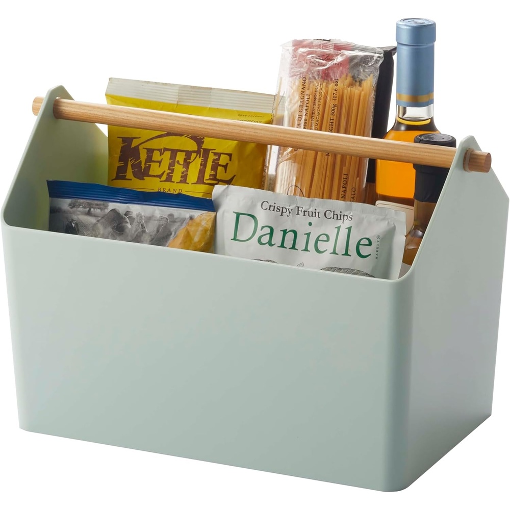 image:imageYAMAZAKI Home Storage OrganizerCleaning CaddyStorage Basket with Handle Plastic Wood One Size WhiteMint