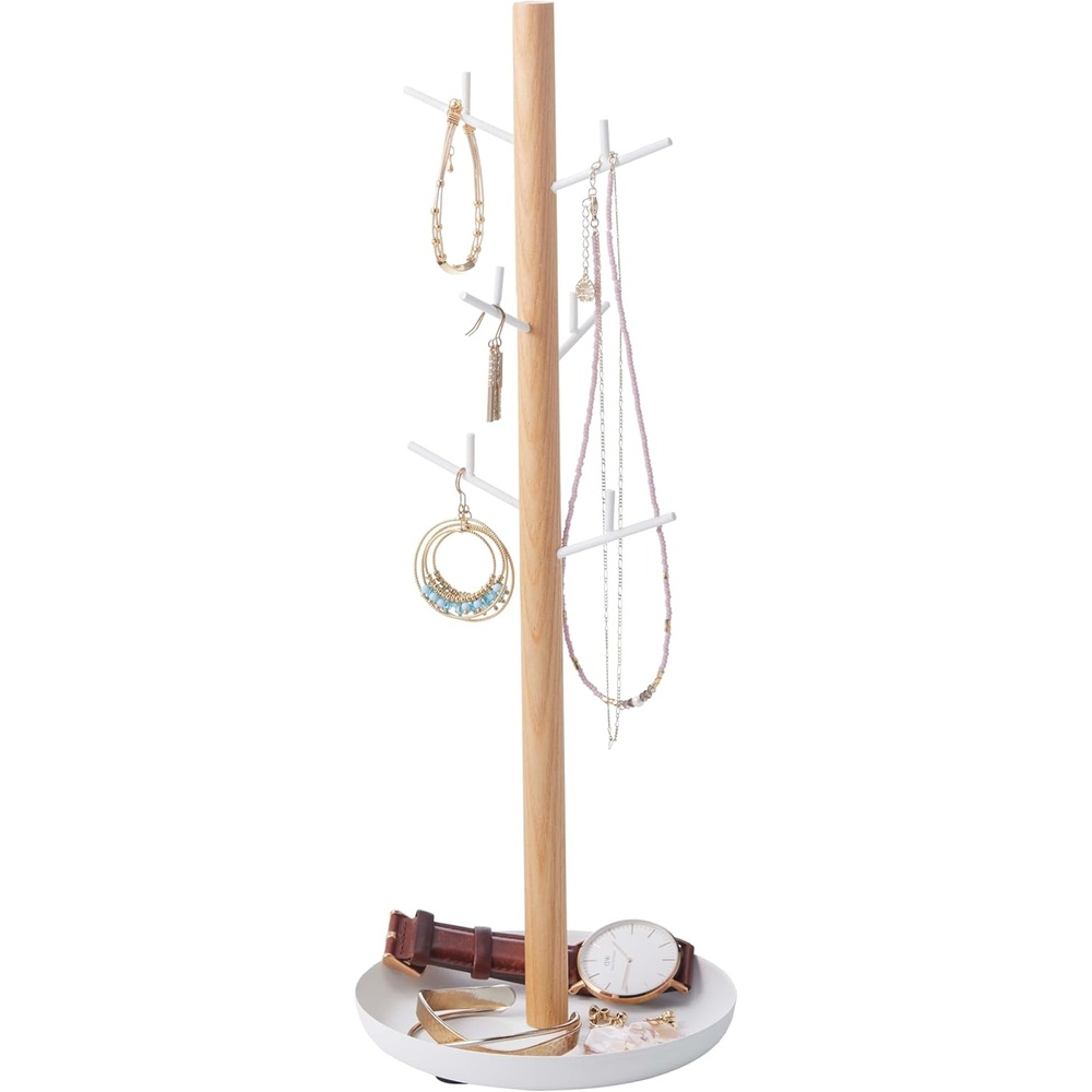 image:imageYAMAZAKI Home Tosca Accessory Tree Jewelry Organizer Stand With Tray Steel WoodWhite