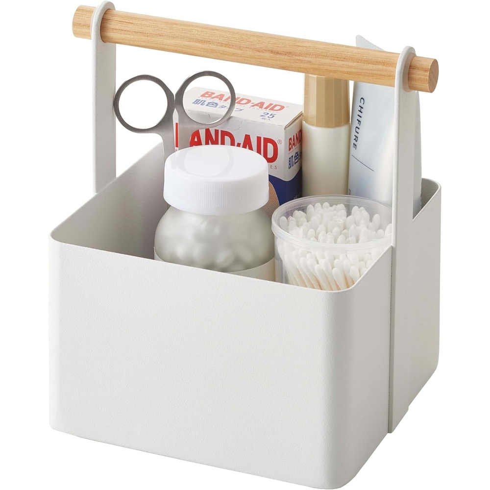 image:imageYAMAZAKI Home Tosca Storage Basket Wood Handle Organizer Small Steel WoodWhite