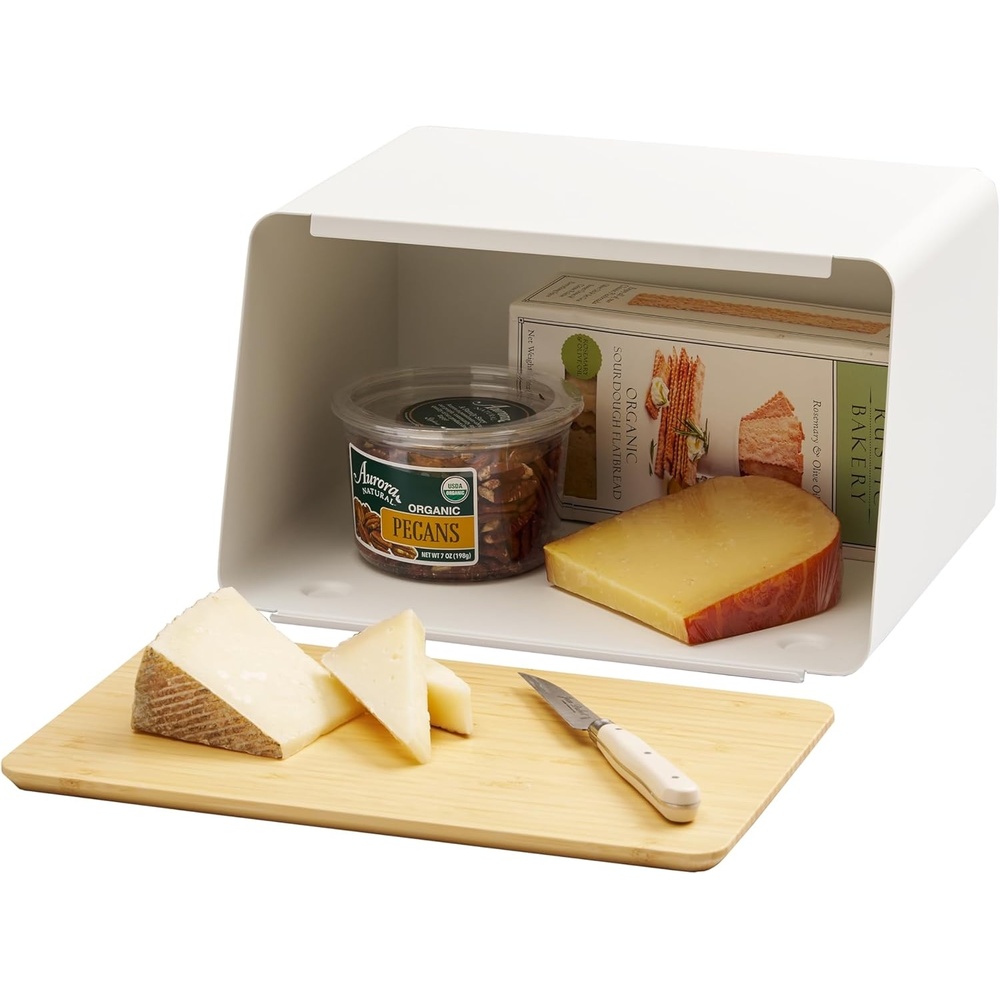 image:imageYAMAZAKI Home Tower Metal Bread Box With Removable Bamboo Wooden Cutting Board Lid Kitchen Storage Box Steel BambooWhite