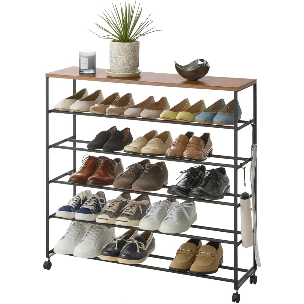image:imageYAMAZAKI Home Tower Rolling FiveTier Shoe Rack Steel Frame with Wooden Top SpaceSaving Shoe Organizer On Wheels 34 Steel Wood Black