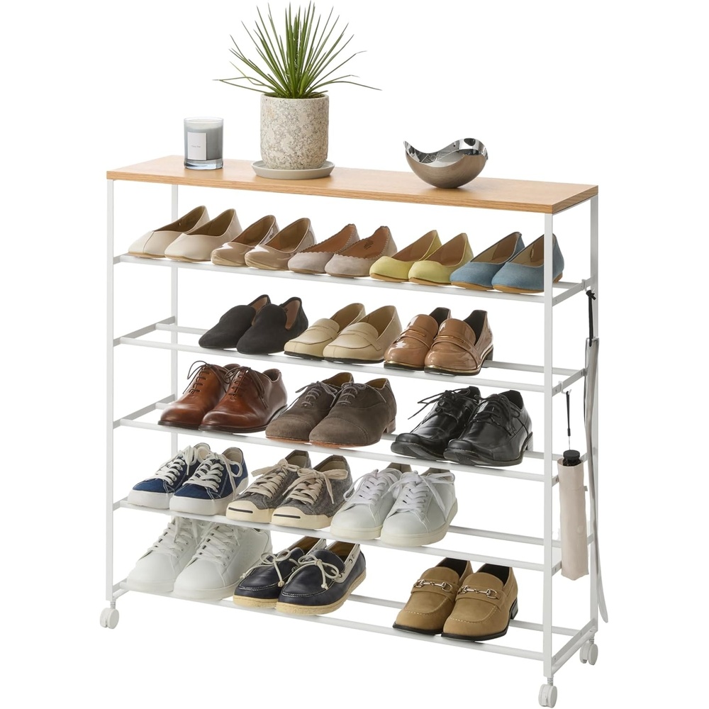image:imageYAMAZAKI Home Tower Rolling FiveTier Shoe Rack Steel Frame with Wooden Top SpaceSaving Shoe Organizer On Wheels 34 Steel Wood White