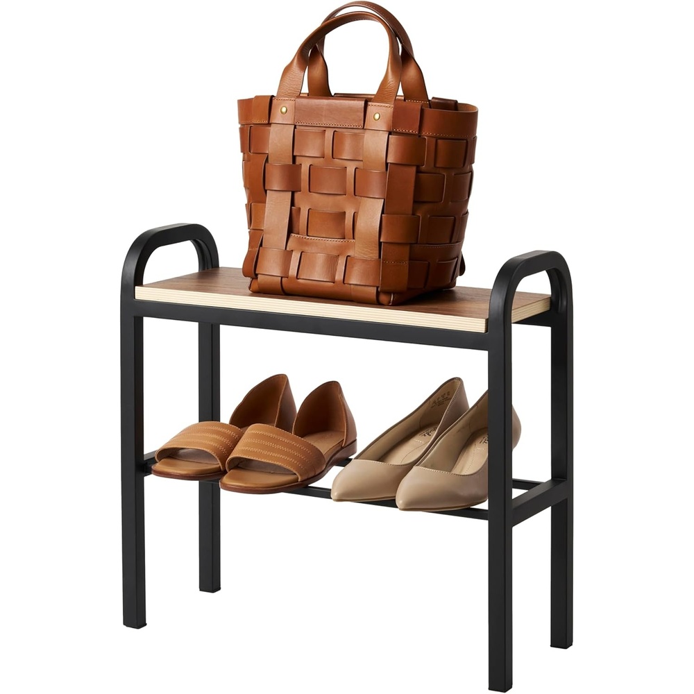 image:imageYAMAZAKI Home Tower Shoe Organizer Rack With Wooden Bench Top Storage Table For Entryway With Handles 18 Steel Wood Holds 4 Pairs Of ShoesBlack