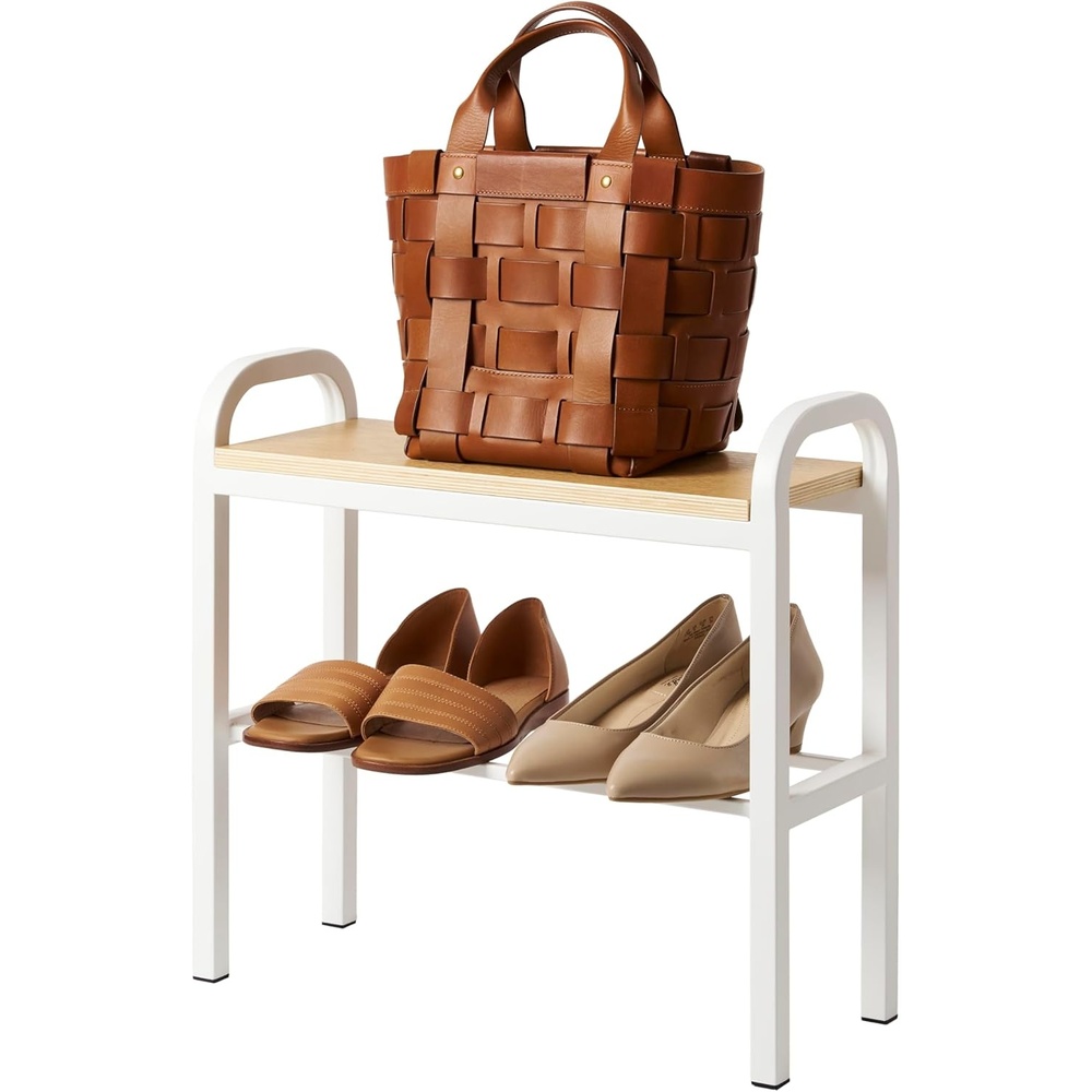 image:imageYAMAZAKI Home Tower Shoe Organizer Rack With Wooden Bench Top Storage Table For Entryway With Handles 18 Steel Wood Holds 4 Pairs Of ShoesWhite