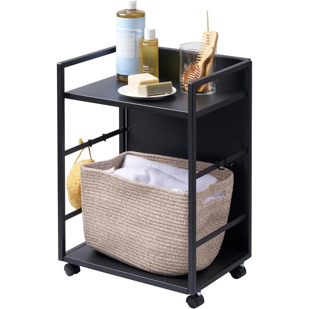 image:imageYAMAZAKI Home Tower Wheeled Wagon Cart with Adjustable Shelves and Hooks Rolling Concealed Organization for Food Pet Supplies Or School Supplies 24 Steel Black
