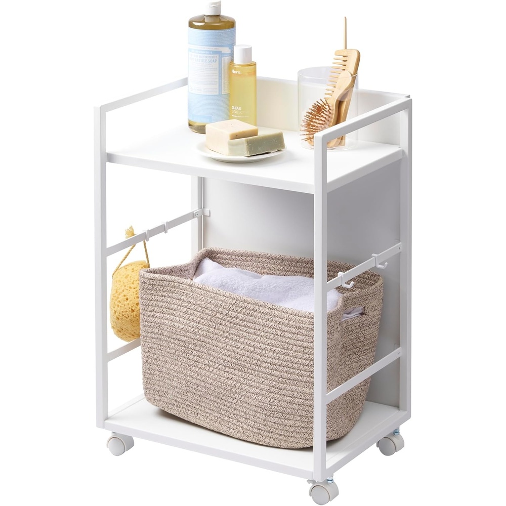 image:imageYAMAZAKI Home Tower Wheeled Wagon Cart with Adjustable Shelves and Hooks Rolling Concealed Organization for Food Pet Supplies Or School Supplies 24 Steel White