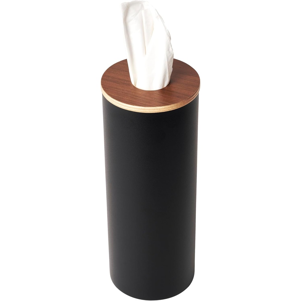 image:imageYamazaki Home Rin Reusable Round Tissue Holder Case Metal Tissue Container with Wooden Lid Large Steel WoodWalnut