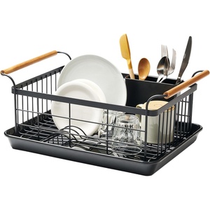 YAMAZAKI Home Dish Drying Rack – Modern White Dish Rack for Kitchen Counter with Removable Drying Tray and Cutlery Holder, Steel + Wood Dish Drying Organizer – Steel + Wood -(Black)