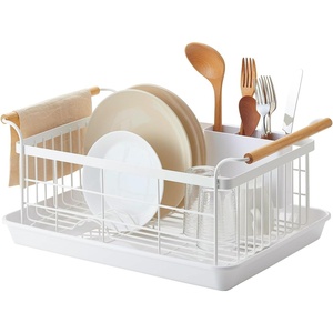 YAMAZAKI Home Dish Drying Rack – Modern White Dish Rack for Kitchen Counter with Removable Drying Tray and Cutlery Holder, Steel + Wood Dish Drying Organizer – Steel + Wood -(White)