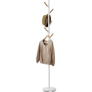YAMAZAKI Home Freestanding Coat Rack Stand – Modern Coat Tree with Wooden Hooks, Standing Coat Hanger for Entryway, Sturdy Weighted Base, Steel, Black, Easy Assembly(White)