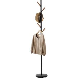 YAMAZAKI Home Freestanding Coat Rack Stand – Modern Coat Tree with Wooden Hooks, Standing Coat Hanger for Entryway, Sturdy Weighted Base, Steel, Black, Easy Assembly(Black)