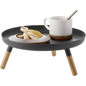 YAMAZAKI Home Plain Metal Pedestal Table Tray with Wooden Legs for Countertop Or Floor, Holds Fruit, Plants, Tea, 5″ – Steel + Wood(Black)