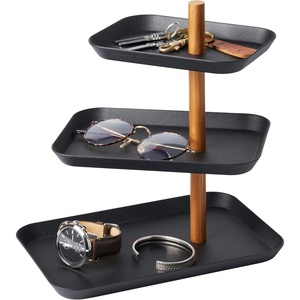YAMAZAKI Home Rin 3-Tier Accessory Tray – Jewelry Holder & Storage Organizer, Metal With Wooden Accent – Steel(Walnut)