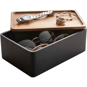YAMAZAKI Home Rin Accessory Box With Wooden Lid For Jewelry, Watches, Or Sunglasses – Polystone(Walnut)