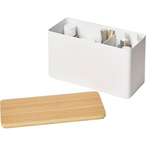 YAMAZAKI Home Rin Countertop Organizer Bathroom Kitchen Counter Organizer Metal Toiletries Holder – Steel + Wood(White)