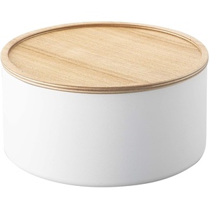 YAMAZAKI Home Rin Round Storage Case, Snacks, Toy, Or Craft Supplies Holder, Sewing Box Organizer, Wooden Lid Tray – Tall – Steel + Wood(Ash)