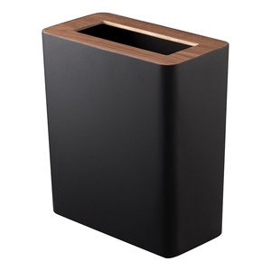 YAMAZAKI Home Rin Trash Can – Small Modern Home Wastebasket for Bathroom Kitchen Office – Rectangle – Steel + Wood(Walnut)