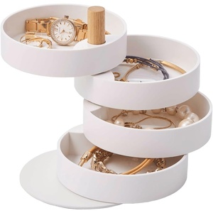 YAMAZAKI Home Rotating Jewelry Organizer, 4-Tier Storage Box, Stacked Accessory Trays With Wooden Dowel – Small – Plastic + Wood(White)