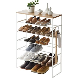 YAMAZAKI Home Six-Tier Shoe Organizer – Tall Slim Shoe Rack for Entryway or Closet, Narrow Metal Shoe Storage with Wooden Top, Modern Space-Saving Design, Steel, Black, Easy Assembly(White)