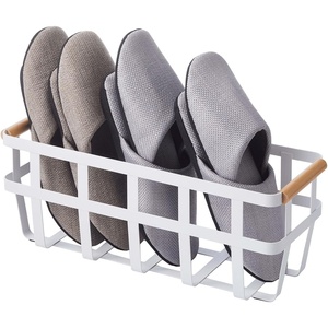 YAMAZAKI Home Storage Basket – Home Organizer Bin Holder with Wooden Handle Steel + Wood Small White